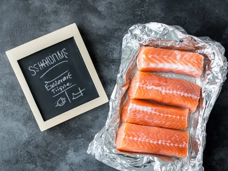 Fresh steelhead trout fillets wrapped in foil for freezing, displayed next to a chalkboard labeled 'Storage Tips'.