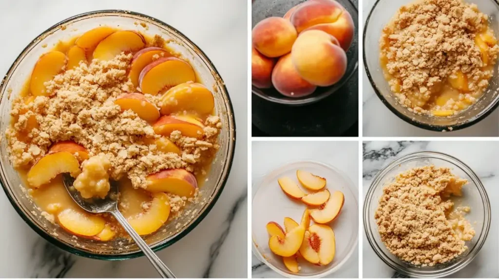 Step-by-step preparation of peach crumble, showing peaches being sliced, crumble topping being mixed, and final assembly.