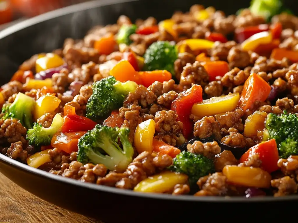 A skillet filled with stir-fried ground chicken, vibrant bell peppers, and broccoli.