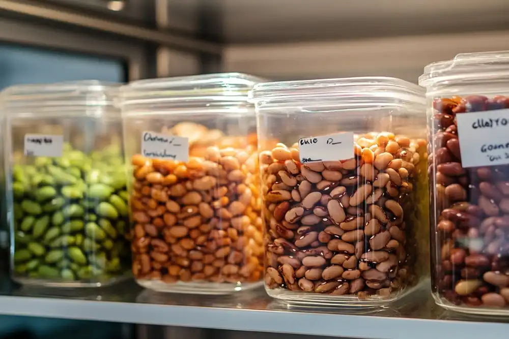 Leftover Calico Beans stored in airtight glass containers with labels.