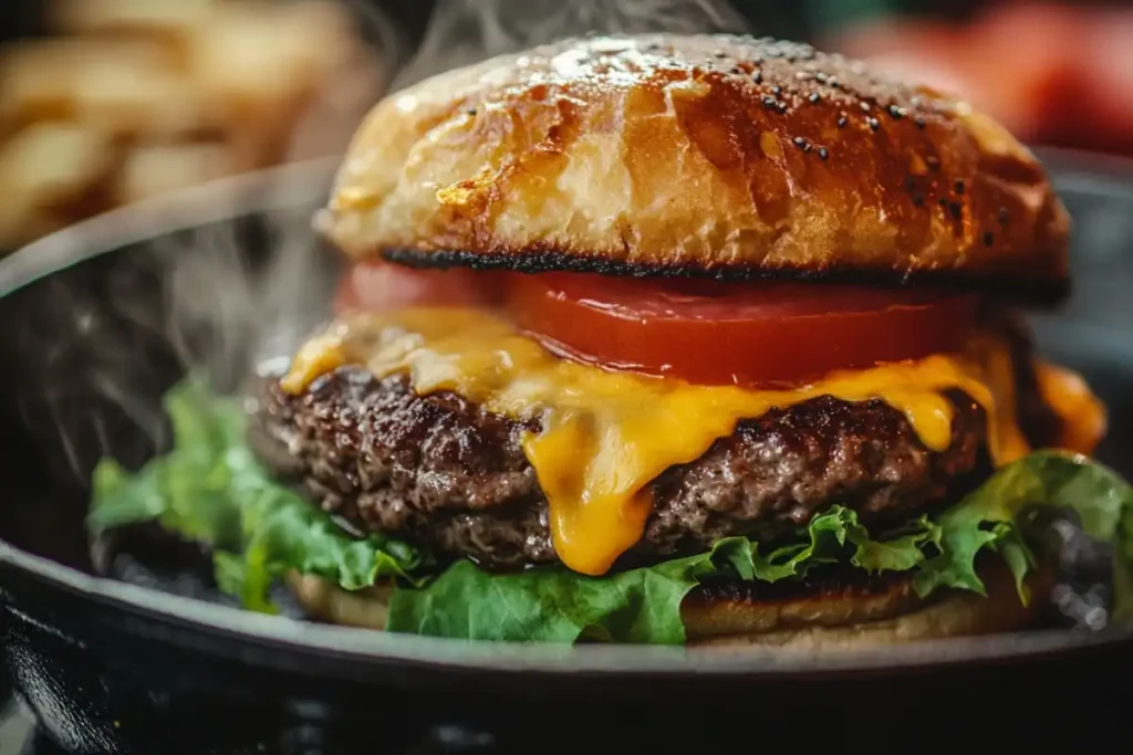 A cast iron skillet heating up on a stovetop, ready for burger cooking.