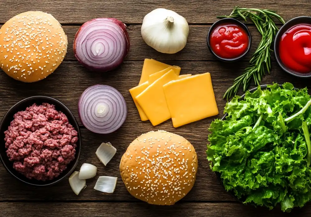 Flat lay of burger ingredients including buns, lettuce, cheese, ground beef, onions, and condiments.