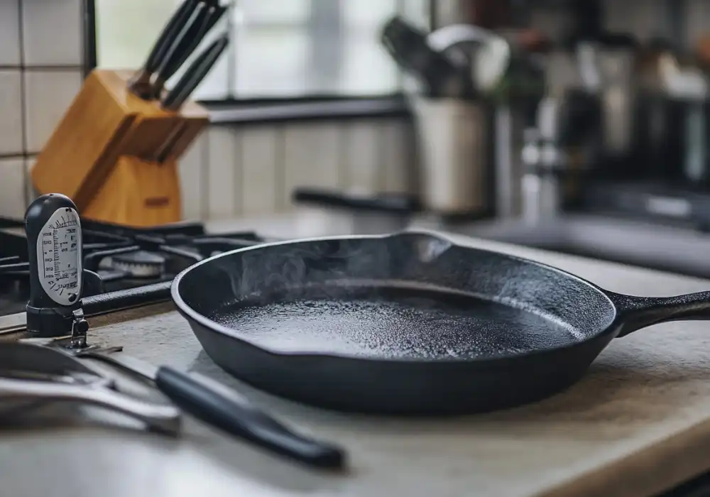 A cast iron skillet heating up on a stovetop, ready for burger cooking.