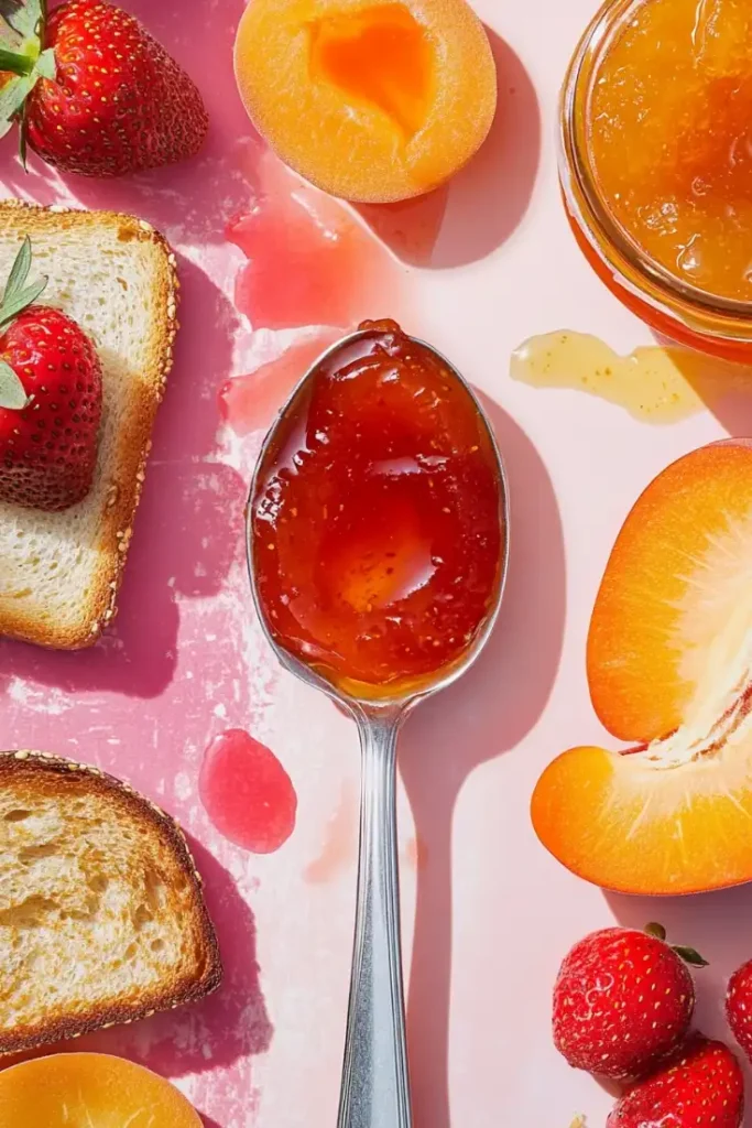 Close-up of strawberry and apricot jam on a spoon, with fresh strawberries, apricots, and toast.