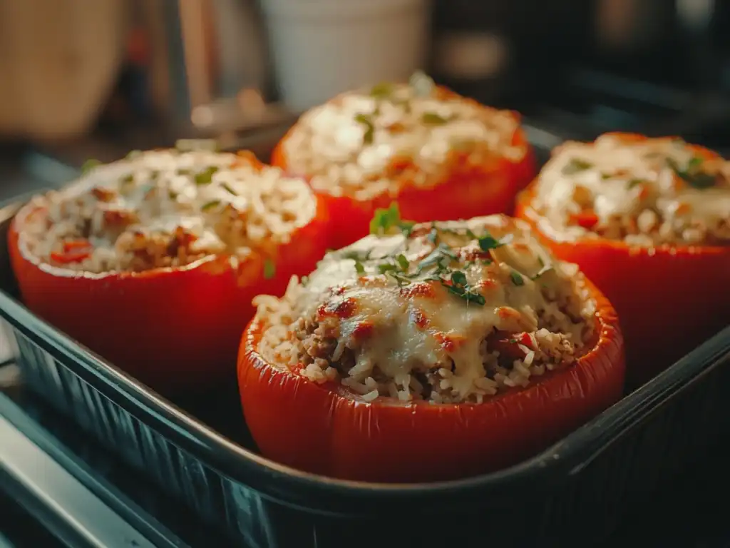 Baked stuffed bell peppers filled with ground chicken, rice, and topped with melted cheese.