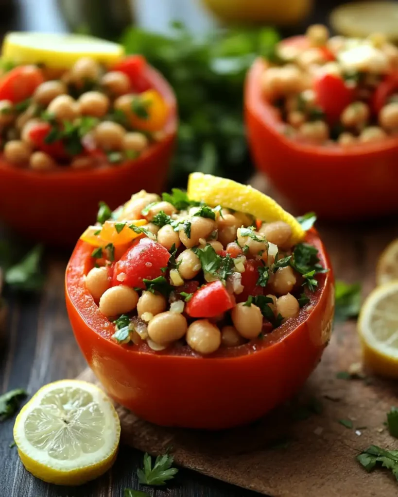 Chickpea and vegetable salad served inside hollowed tomatoes, garnished with parsley and lemon.