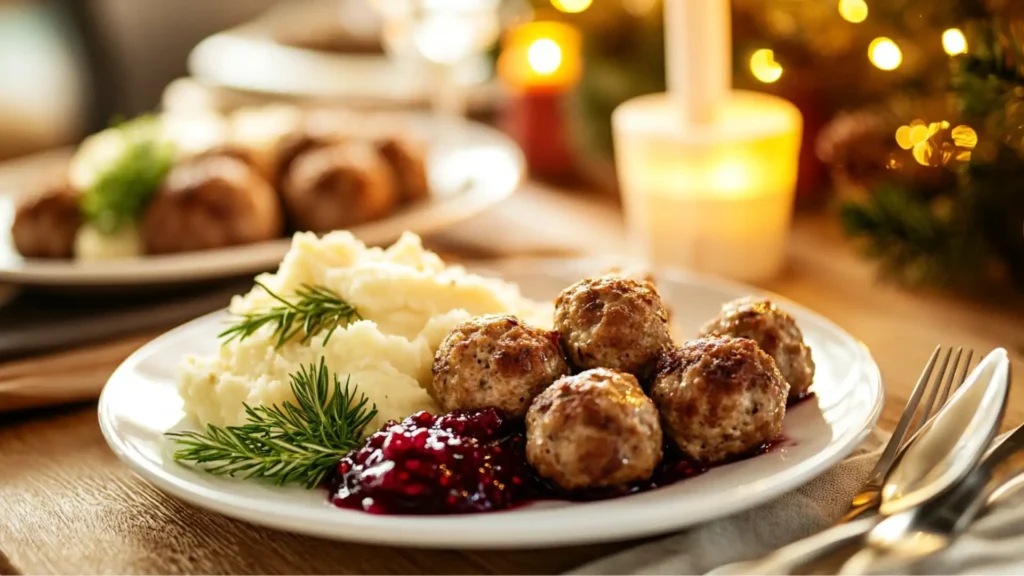 Swedish meatballs served with mashed potatoes and lingonberry sauce on a festive table.