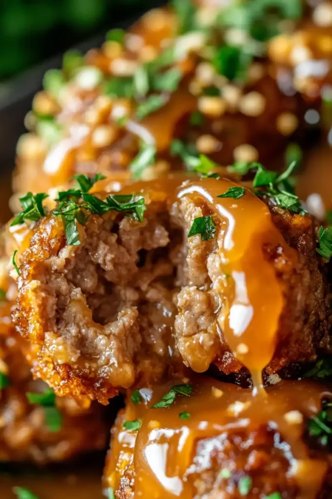 Close-up of a juicy Swedish meatball topped with gravy and parsley.