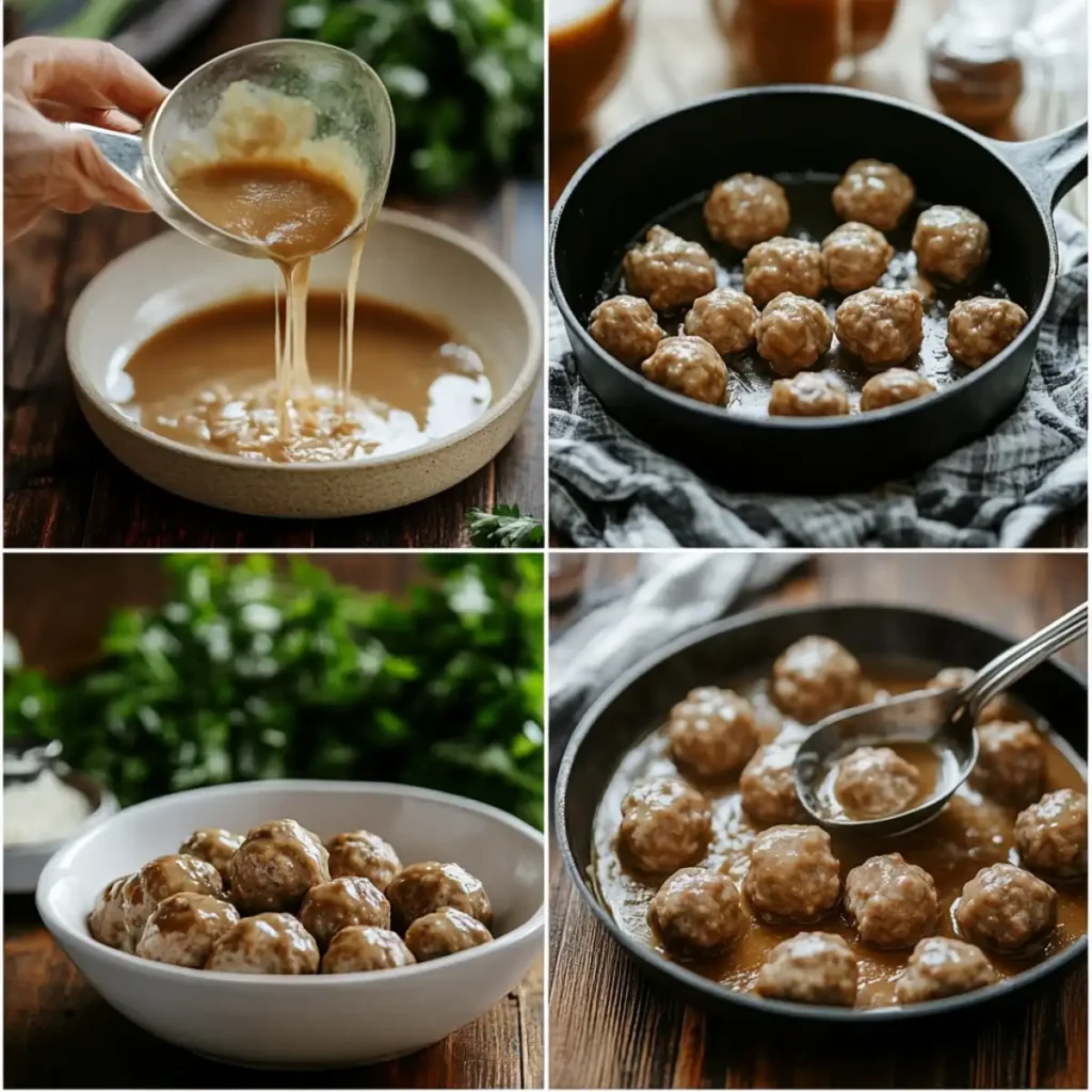 Pouring creamy gravy over Swedish meatballs.