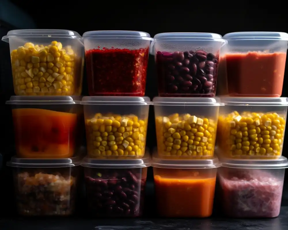 Meal prep containers filled with taco soup ingredients, including black beans, corn, and tomato-based broth, stacked neatly for storage.