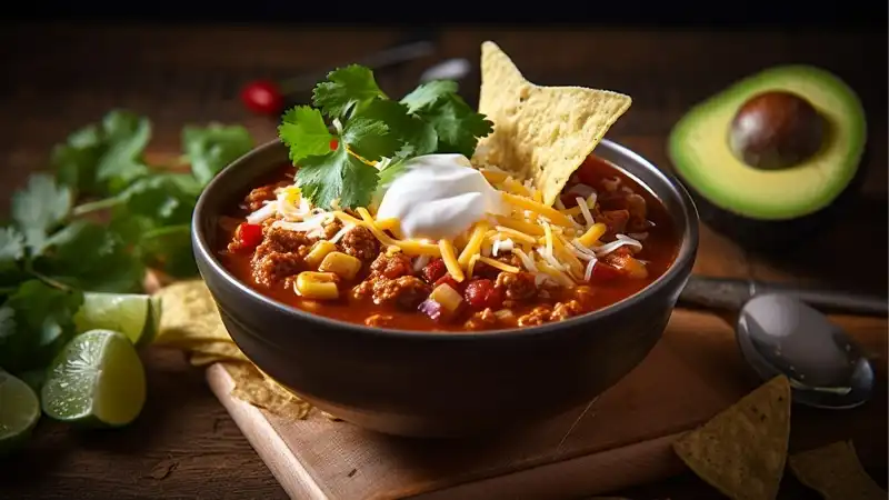 A bowl of taco soup garnished with sour cream, shredded cheese, cilantro, and a tortilla chip, with fresh avocado and lime wedges on the side.