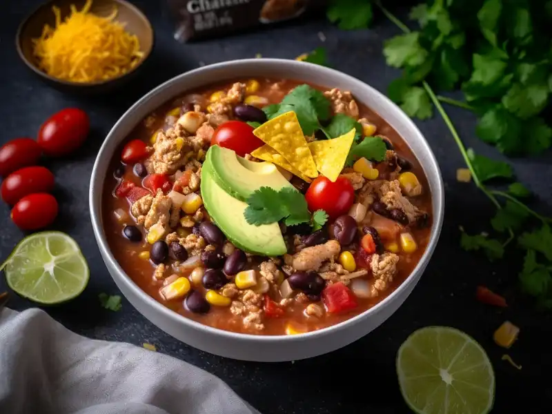 A colorful bowl of taco soup topped with sliced avocado, tortilla chips, cherry tomatoes, and fresh cilantro, surrounded by vibrant ingredients.