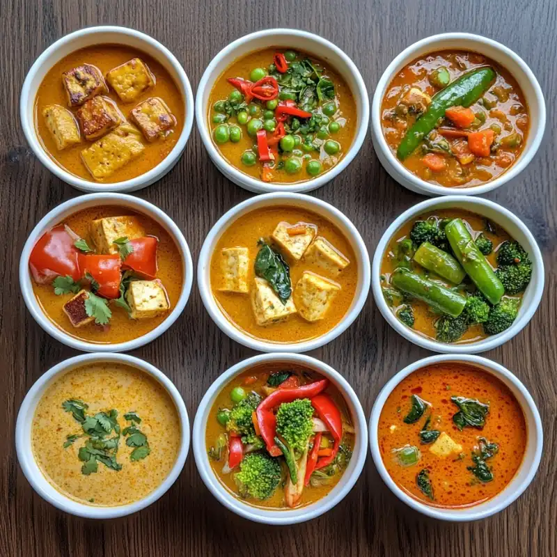 Bowls of colorful Thai red curry garnished with fresh herbs and vibrant vegetables.