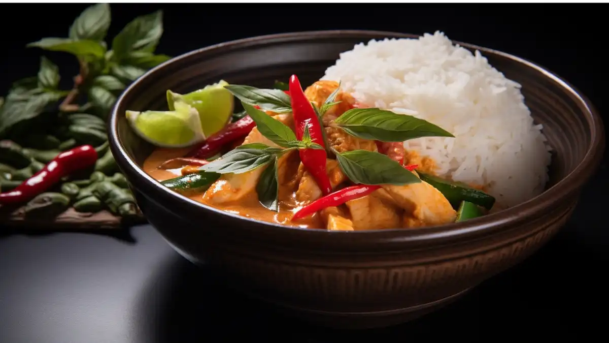 A close-up of Thai red curry with chicken, fresh chilies, and lime, served with rice.