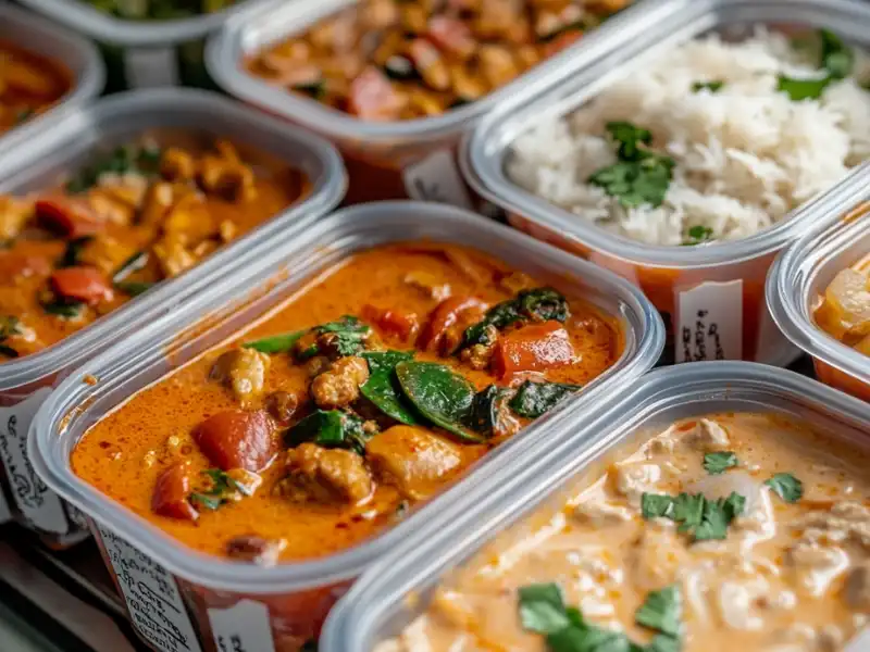 Thai red curry in meal prep containers paired with rice and vegetables.