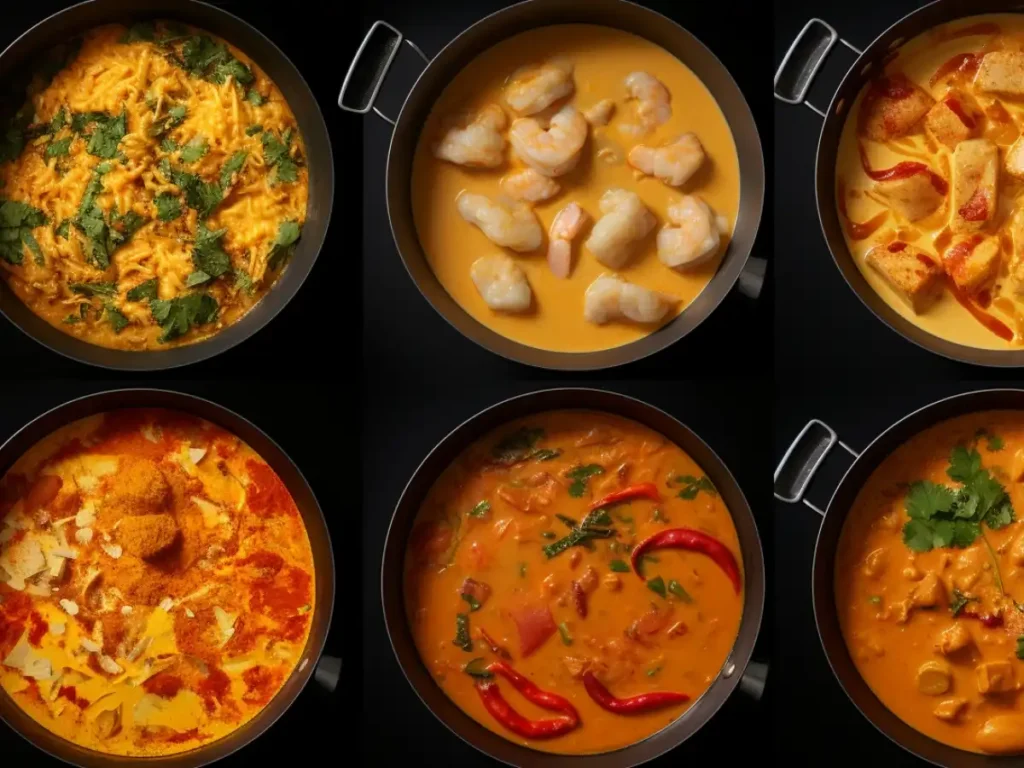 A variety of Thai red curry dishes in pots with shrimp, chicken, and vegetarian options.