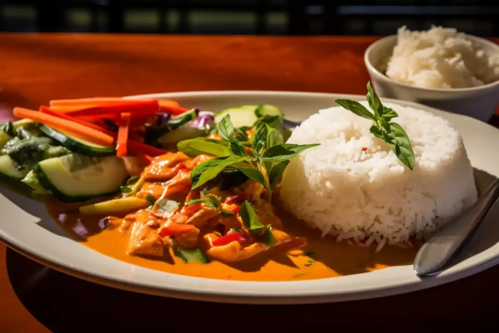 A plate of Thai red curry with fresh basil, vegetables, and steamed jasmine rice.