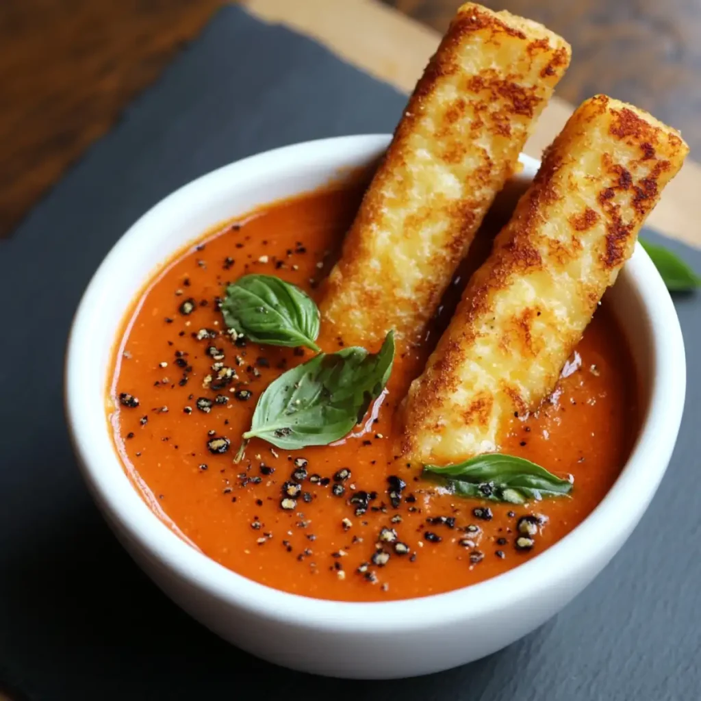 A bowl of creamy tomato soup garnished with fresh basil leaves and crispy golden cheese sticks.