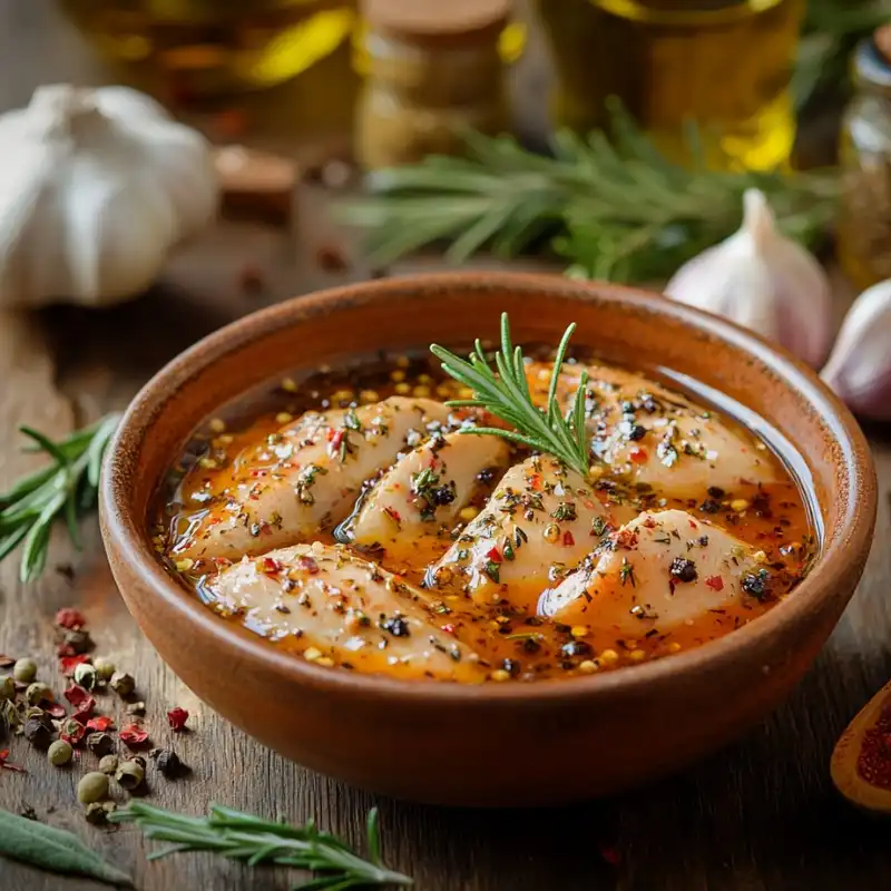 A bowl of turkey marinade with fresh ingredients like garlic, herbs, and olive oil.