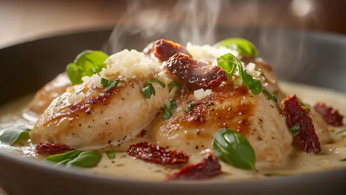 Steaming Tuscan Chicken with creamy sauce, sun-dried tomatoes, and basil garnish.