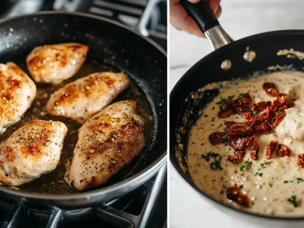 Chicken breasts searing in a skillet alongside a creamy sauce with sun-dried tomatoes and herbs