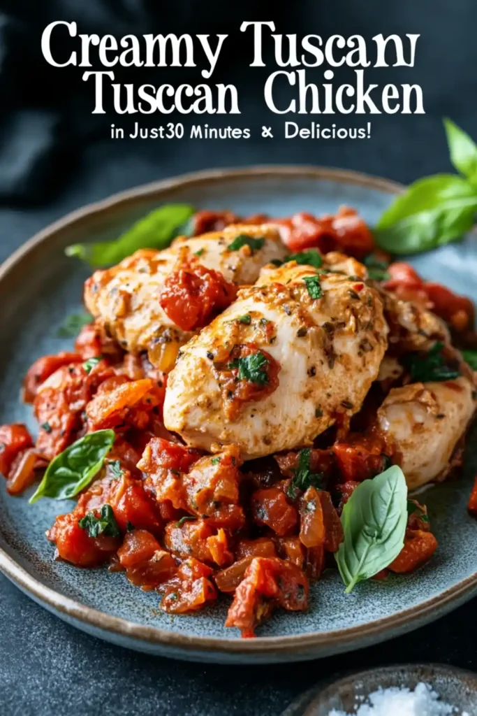 Creamy Tuscan Chicken served with rich tomato and basil sauce.