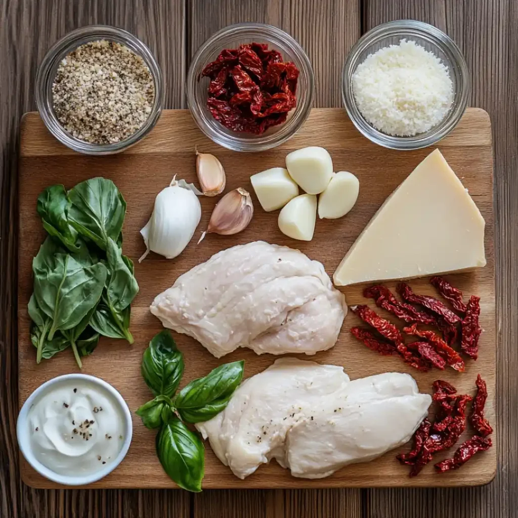 Fresh ingredients for Tuscan Chicken on a wooden board: chicken breasts, garlic, sun-dried tomatoes, basil, Parmesan, and seasonings.