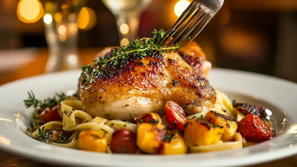 Plated Tuscan Chicken over pasta with roasted cherry tomatoes and fresh thyme
