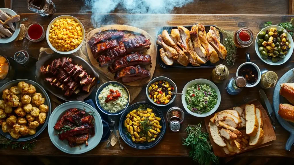 A table filled with BBQ dishes, including ribs, corn, coleslaw, and assorted side dishes.