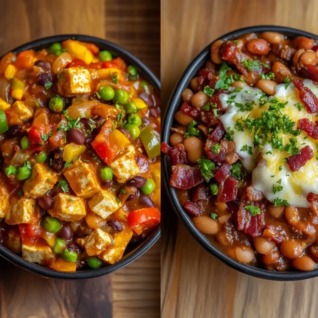 Vegan Calico Beans made with tofu alongside the classic version with bacon and cheese.