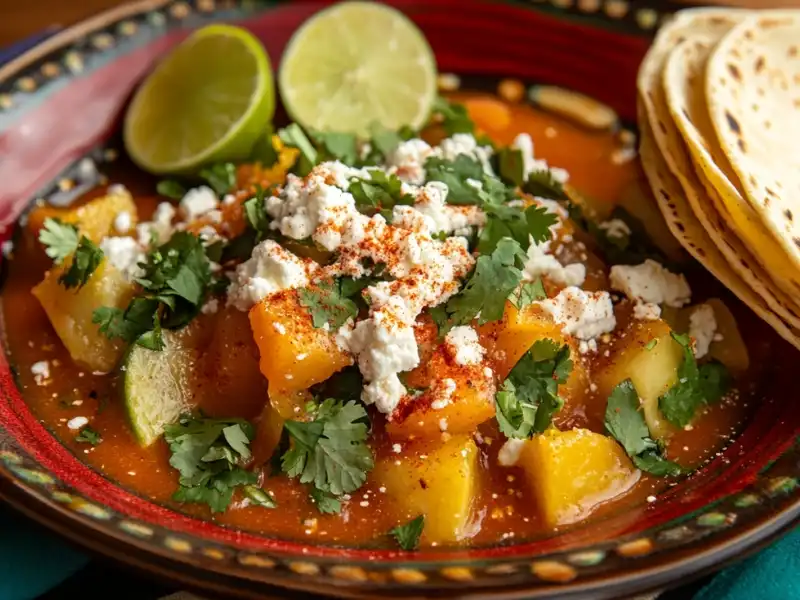 A hearty bowl of vegetable stew garnished with fresh cilantro, lime wedges, crumbled cheese, and served with soft tortillas on the side.