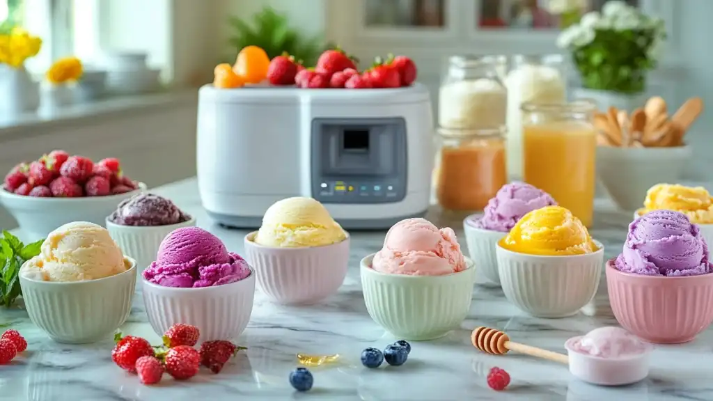 An array of colorful gelato scoops in pastel bowls with fresh fruits and the Ninja Creami machine in the background.