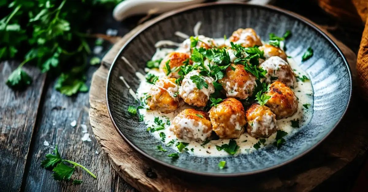 Swedish meatballs in a creamy white sauce garnished with parsley.