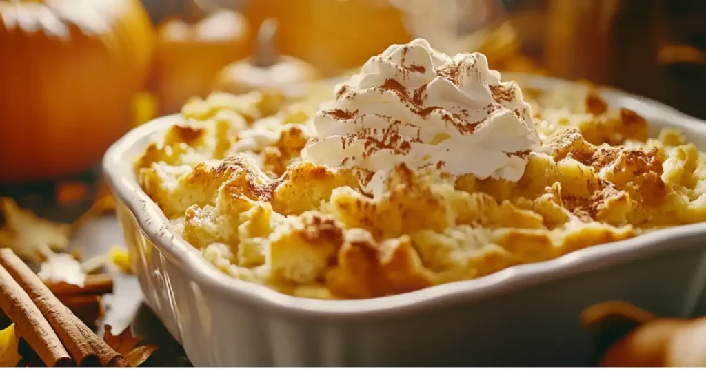 A golden pumpkin casserole in a white baking dish, crowned with swirls of whipped cream and sprinkled with cinnamon.