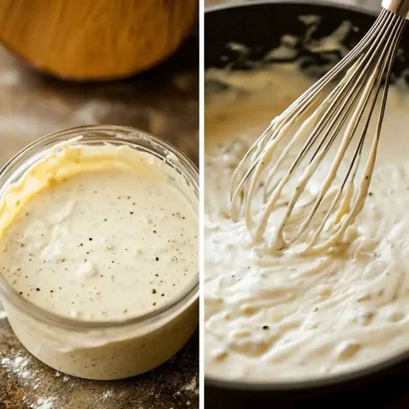 Whisked creamy Alfredo sauce in a skillet and a glass jar, seasoned with black pepper.