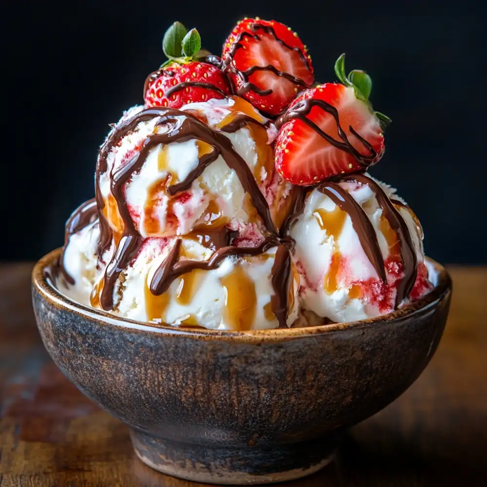 Decadent strawberry vanilla ice cream scoops drizzled with chocolate and caramel in a rustic bowl.
