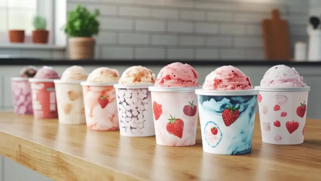 A variety of ice cream tubs with strawberry-themed designs displayed on a wooden counter.