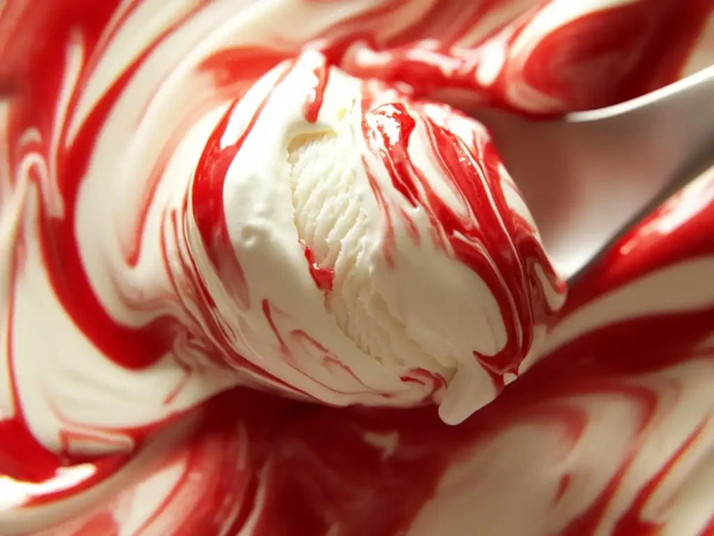Close-up of creamy vanilla ice cream swirled with vibrant strawberry sauce.