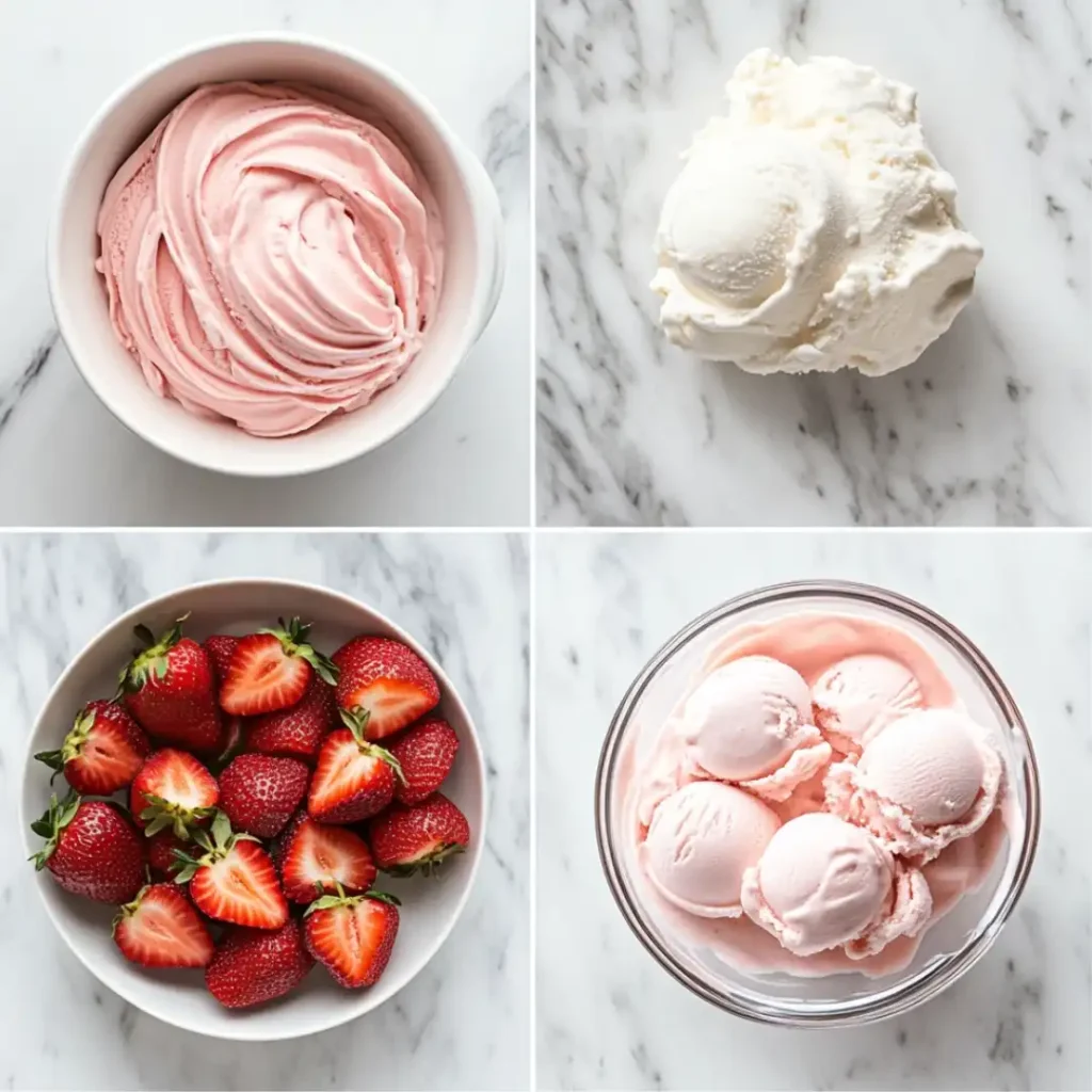 Freshly whipped pink strawberry cream in a white bowl on a marble surface.