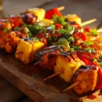Close-up of BBQ Pineapple Chicken Kabobs with grill marks, glazed sauce, and fresh herbs on a wooden serving board.