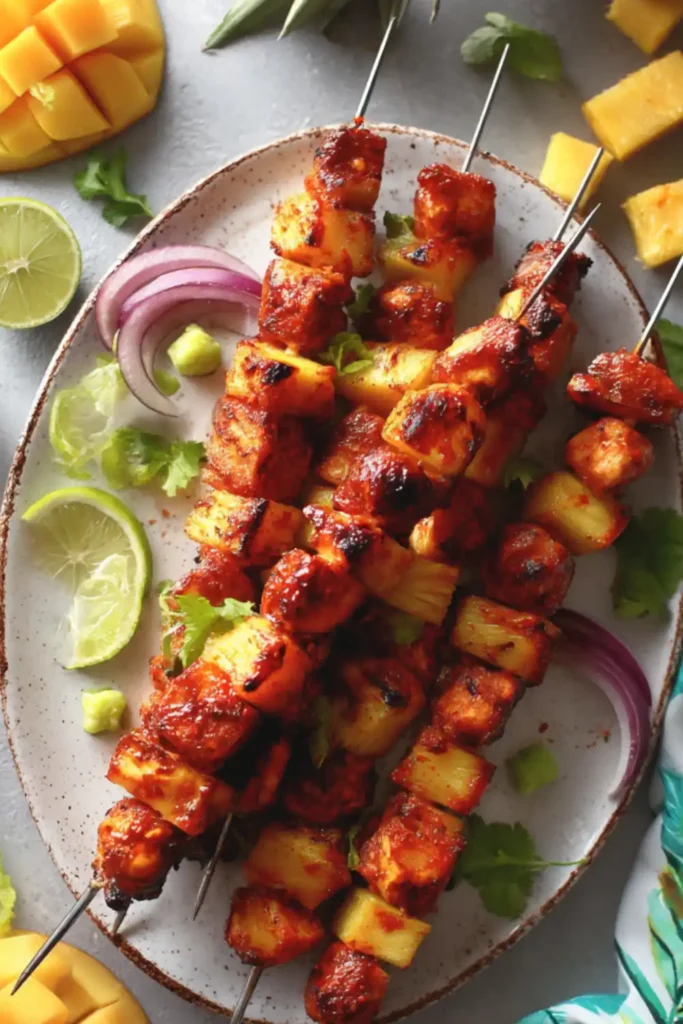 Vertical Pinterest-friendly image of grilled BBQ Pineapple Chicken Kabobs with red onion, lime, and mango slices on a rustic plate