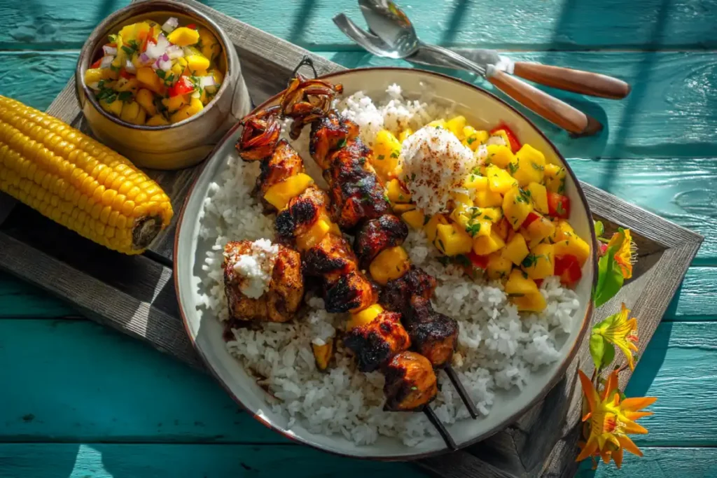 BBQ Pineapple Chicken Kabobs served with coconut rice, grilled corn on the cob, and mango salsa for a tropical summer dinner.