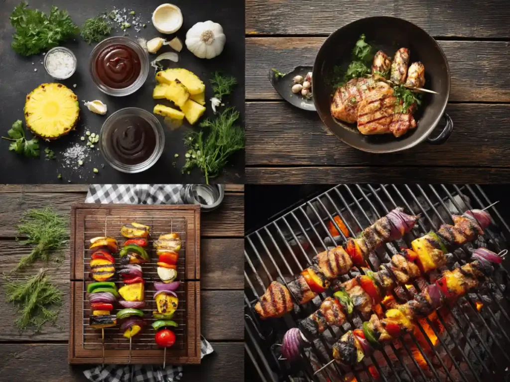 Step-by-step collage showing how to make BBQ Pineapple Chicken Kabobs with fresh ingredients, marinated chicken, and skewers on the grill.