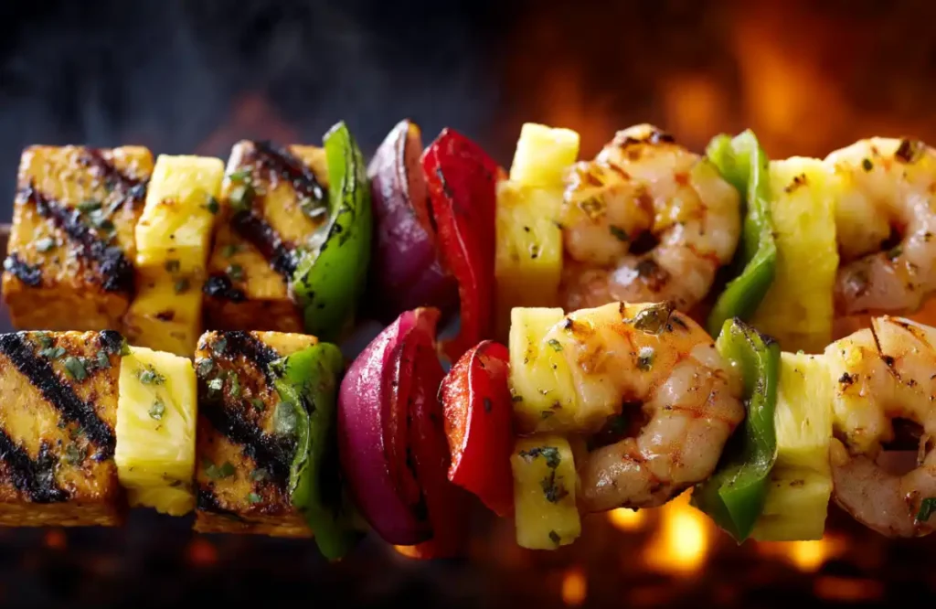 Grilled tofu and shrimp kabobs with pineapple chunks, red onion, and bell peppers as a variation of BBQ Pineapple Chicken Kabobs.