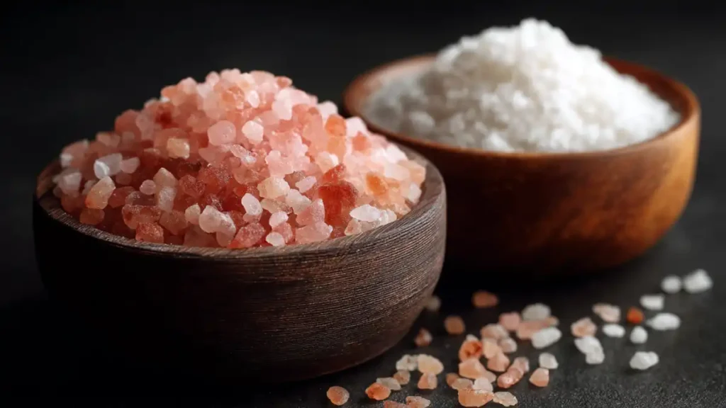Close-up of Himalayan pink salt and table salt crystals in wooden bowls