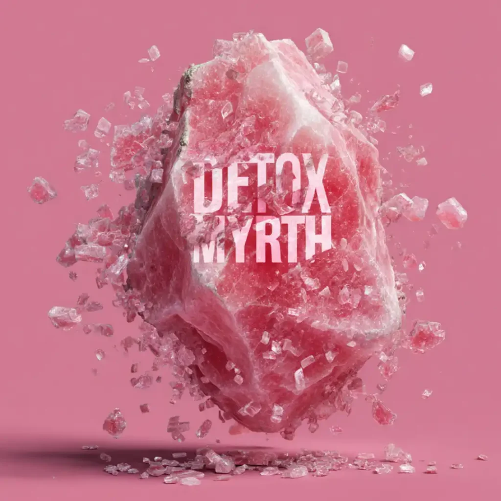 Stylized image of pink salt crystal with the words "Detox Myth" exploding from the center
