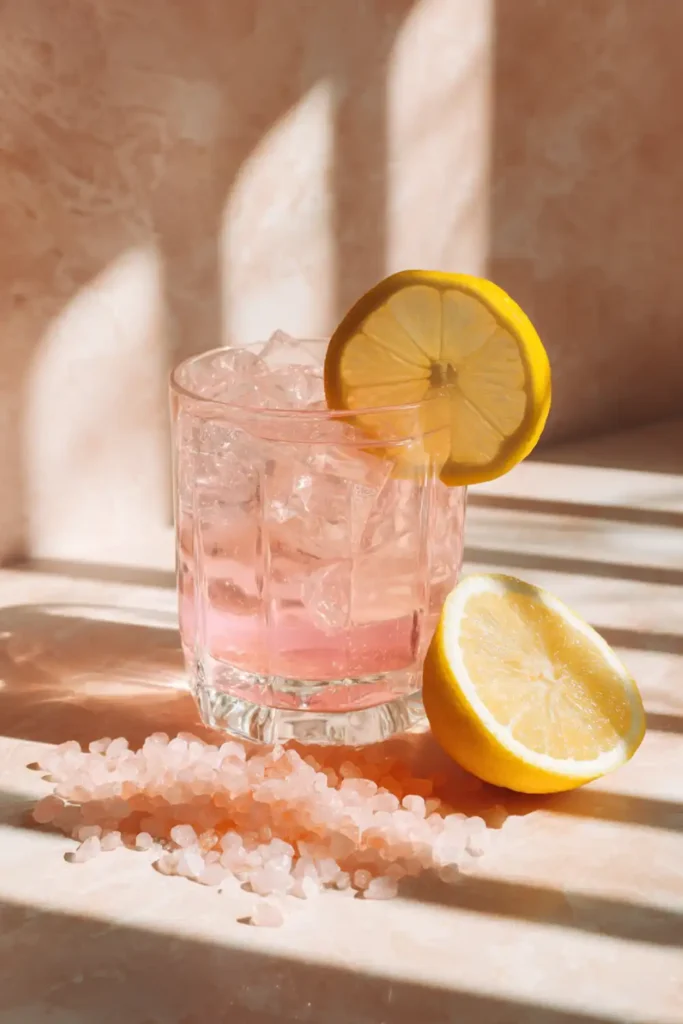Refreshing glass of pink lemon water with ice, pink salt crystals, and fresh lemon